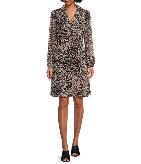 Dkny Cheetah Print Surplice V Neck Long Balloon Sleeve Faux Wrap Dress