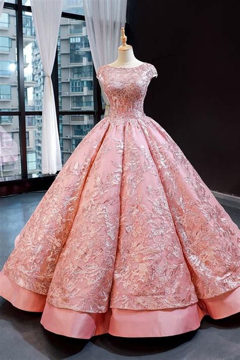 Pink Sparkly Short Sleeves Ball Gown Evening Dress Rs Pink Ball