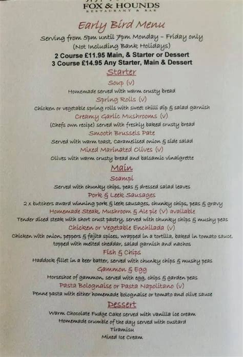 Menu at Fox & Hounds pub & bar, Wakefield