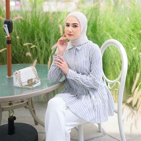 Jual Butikchlaris Stripe Tunik Atasan Wanita Katun Motif Garis Kemeja