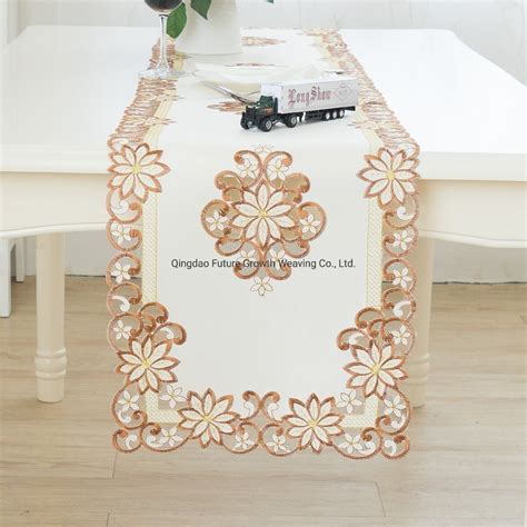 Wholesale Cloth Fabric Satin Fabric Embroidery Cutwork Home Decorative Table Runner China