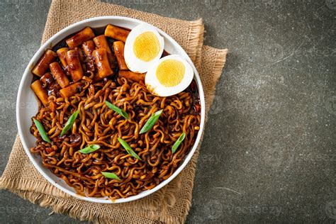 Jjajang Rabokki Korean Instant Noodles Or Ramyeon With Korean Rice