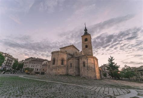 Perspective Of The Church Of San Millan Segovia At Sunset Spain Stock