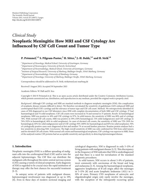 Pdf Neoplastic Meningitis How Mri And Csf Cytology Are Influenced By Csf Cell Count And Tumor