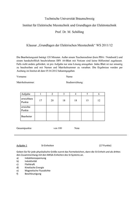 Klausur Fragen Technische Universität Braunschweig Institut für