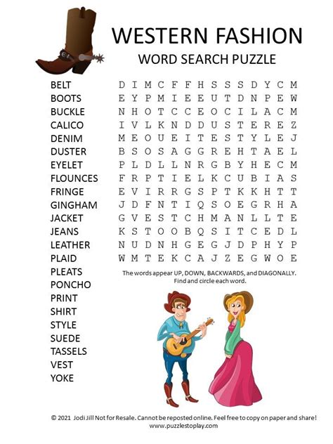 Western Wear Word Search Puzzle Westerns Fashion Words Western Fashion