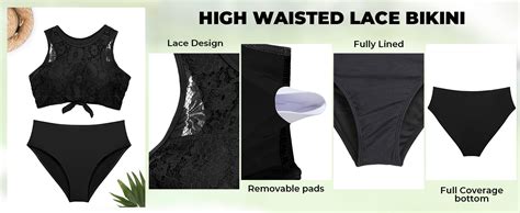 Amazon Tempt Me Women Black Two Piece Lace Bikini Tie Knot Front High Waisted Swimsuit