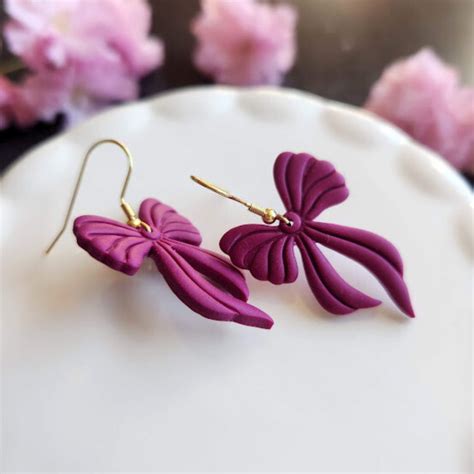 Jewelry Raspberry Bow Polymer Clay Dangle Earrings