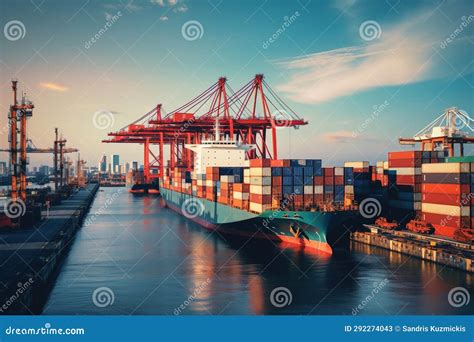 Container Ship Docked At A Busy Port Generative Ai Stock Illustration