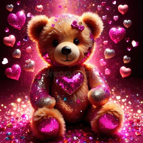 Teddy Bear With Pink Heart Sparkling Glitter Effect Stock Illustration