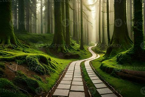 A Path Through A Green Forest With Mossy Trees Ai Generated