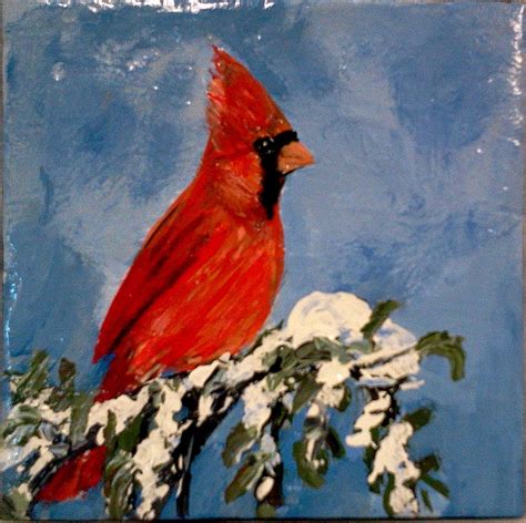 "Male Cardinal on Snow Branch" painting on 6" x 6" tile. completed with ...