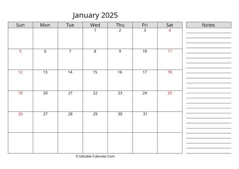 January Calendar With Notes Printable Checklist Pdf Katee Matilde