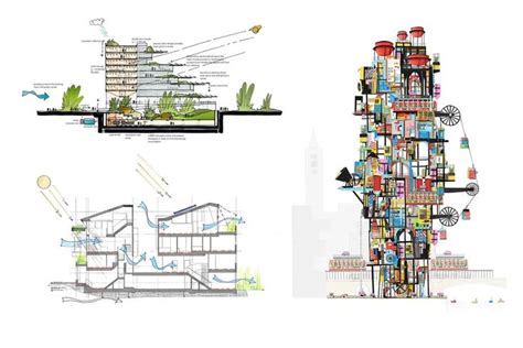 Two Drawings Of Buildings With Different Types Of Architecture