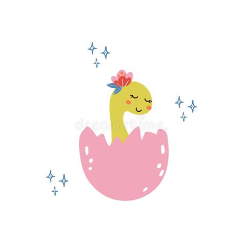 Cute Young Baby Dinosaur Hatching From The Egg Funny Vector