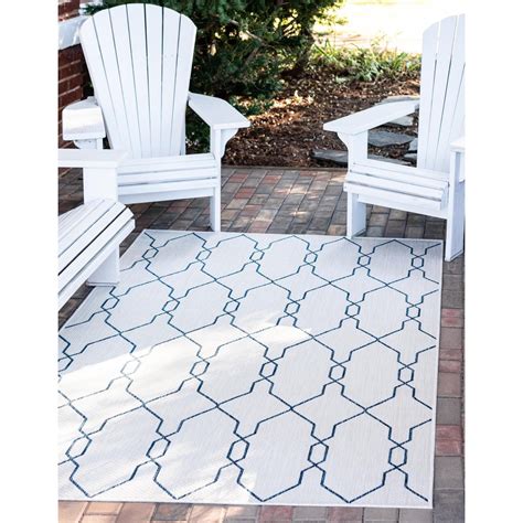 4 X 6 Ivory And Navy Blue Geometric Trellis Rectangular Outdoor Area