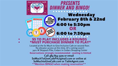 Feb 22 Bingo And Dinner 4pm Seating At So Much To Gives Inclusive Cafe