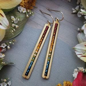 Beaded Stick Earrings In Gold Red Burnt Orange Gold Olive Turquoise