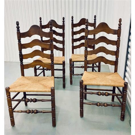 Mid 20th Century Rustic Ladder Back Rush Seat Chairs Set Of 4 Chairish