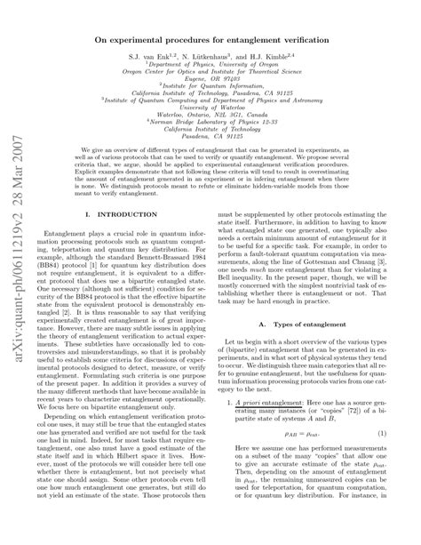 PDF Experimental Procedures For Entanglement Verification