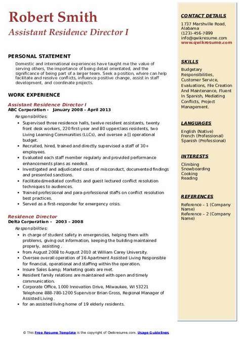 Residence Director Resume Samples Qwikresume