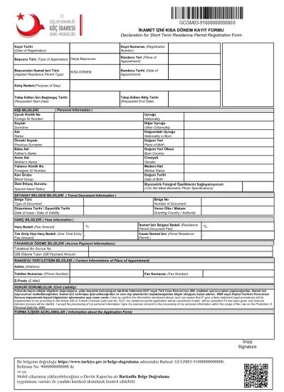 Kamet Zn Kisa D Nem Kayit Formu Declaration For Short Term Residence