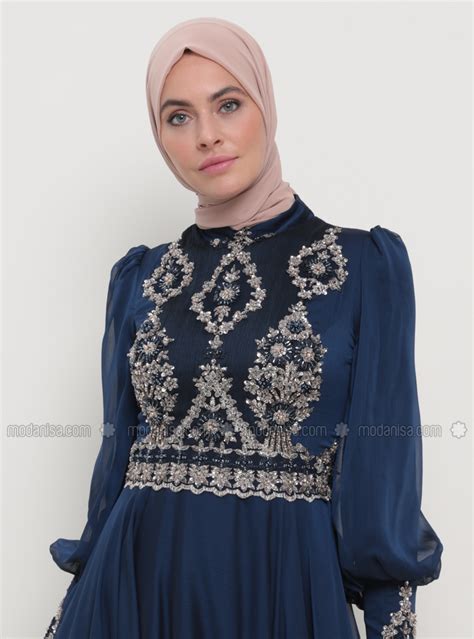 Navy Blue Fully Lined Crew Neck Crew Neck Muslim Evening Dress