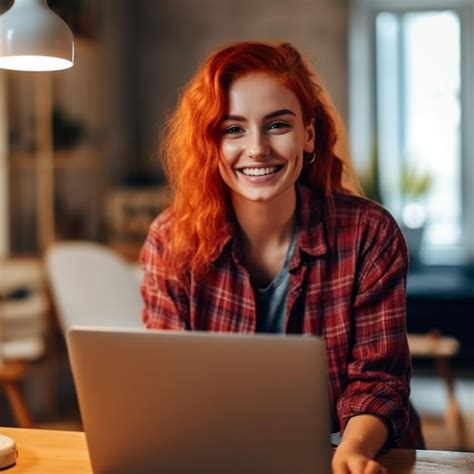 Premium AI Image | a woman is smiling while using a laptop.