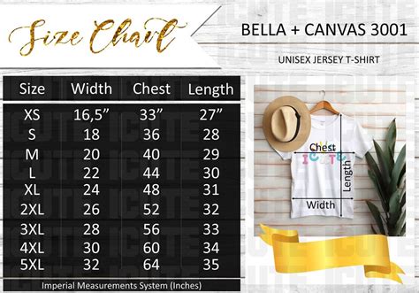 Imperial And Metric Bella Canvas 3001 Size Chart Mockup T Shirt Mockup