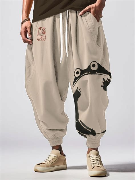 Men S Frog Japanese Art Print Loose Drawstring Waist Sweatpants Khaki L