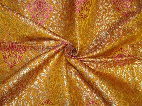 Heavy Silk Brocade Fabric Pink Golden Yellow X Metallic Gold Color 36