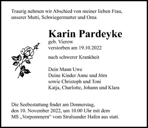 Traueranzeigen Von Karin Pardeyke Trauer Anzeigen De