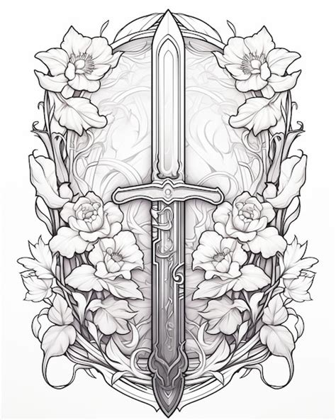 Premium Photo Sword Floral Design Coloring Page