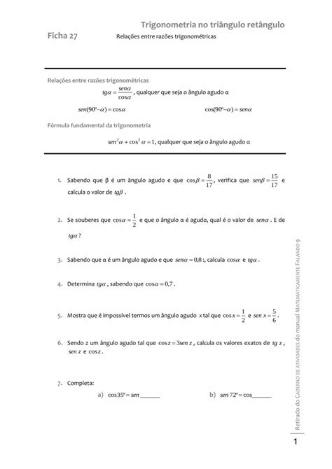 Pdf Trigonometria No Triângulo Retângulo Ficha 27 · Fórmula Fundamental Da Trigonometria Sen D