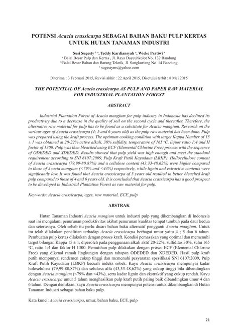 Pdf Potensi Acacia Crassicarpa Sebagai Bahan Baku Pulp Kertas Untuk Hutan Tanaman Industri