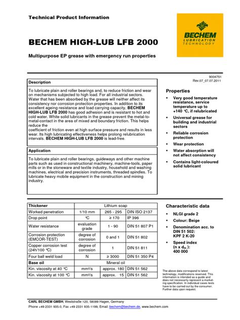 Bechemhighlublfb2000tdsen Pdf Lubricant Materials