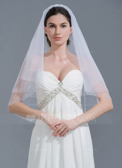 Two Tier Beaded Edge Elbow Bridal Veils With Beading 006115069 JJ S