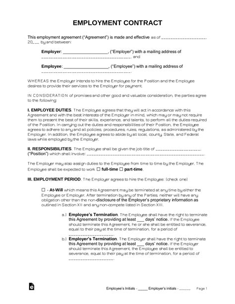 Free Employment Contract Templates Pdf Word Eforms