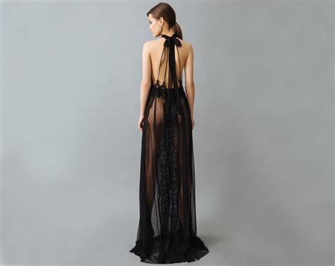 Long Black See Through Nightgown With Lace F41 Etsy