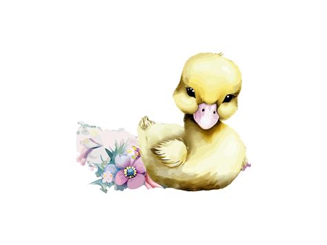 Watercolor Cute Baby Duck With Flowers Graphic By Phoenixvectorarts