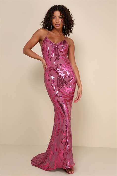 Magenta Maxi Dress Mesh Sequin Dress Backless Mermaid Dress Lulus