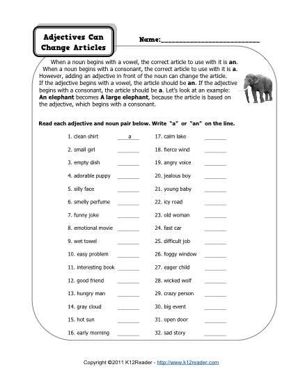 Adjectives Can Change Articles | 1st Grade Adjective Worksheets