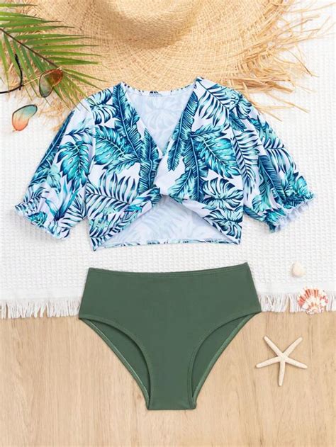 Chica Preadolescente Ba Ador Bikini Con Estampado Tropical Girante