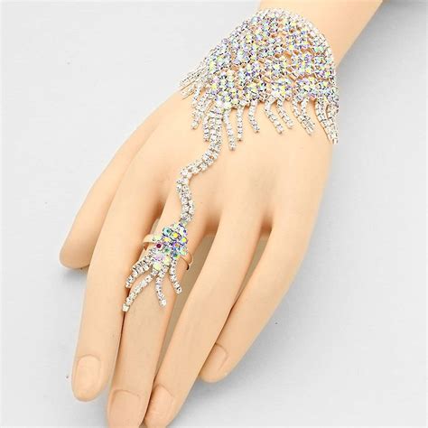 Hand Chain Ring Bracelet Ab Rhinestone Bridal Prom Jewelry Heathers