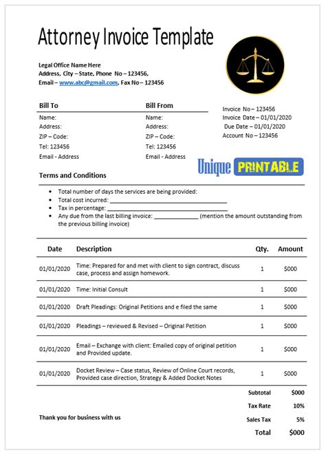 10 Free Attorney Invoice Templates Free Unique Printable Templates