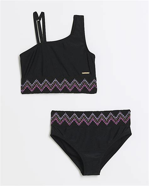 Girls Black Zig Zag Elastic Bikini Set River Island