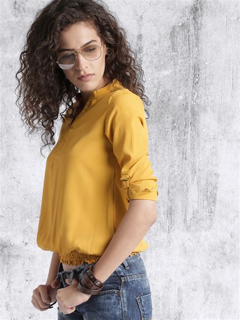 Buy Roadster Women Mustard Yellow Solid Blouson Top Tops For Women