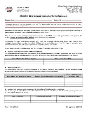 Fillable Online 2016 2017 Other Untaxed Income Verification Worksheet