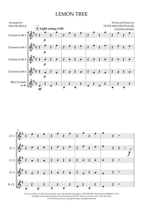 Lemon Tree Arr Filip Růžička By Fools Garden Sheet Music For