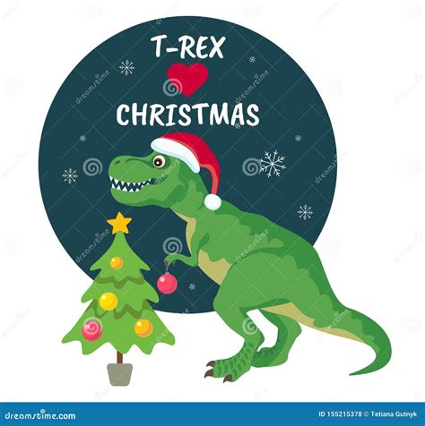 Tyrannosaurus Rex Christmas Card Dinosaur In Santa Hat Decorates